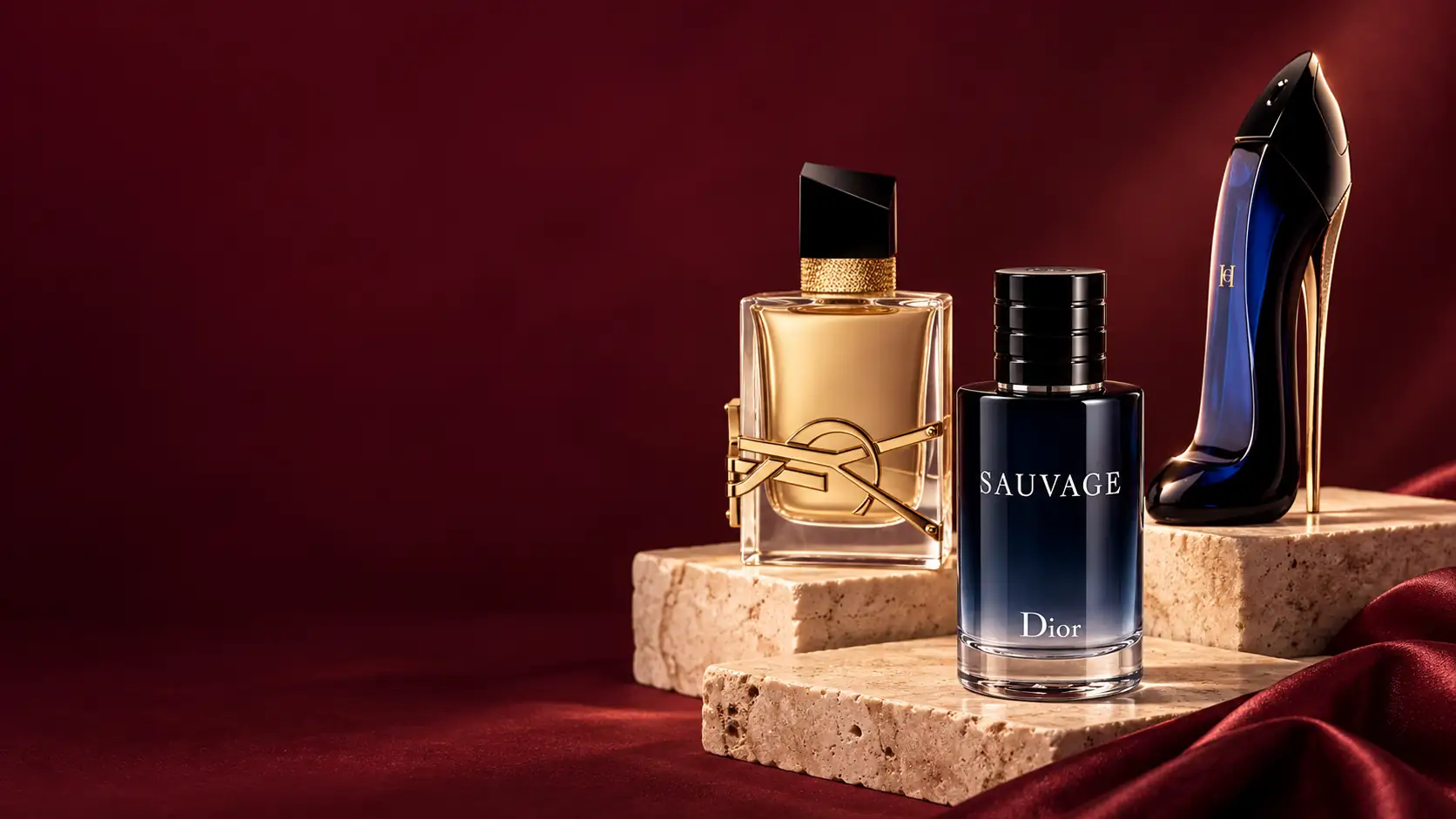 A luxury perfume still life with 3 bottles on burgundy and cream display stands
